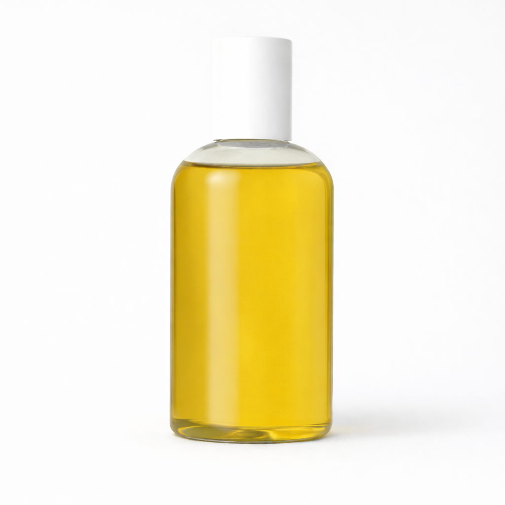 Clear glass bottle with a white cap containing a yellow liquid on a white background