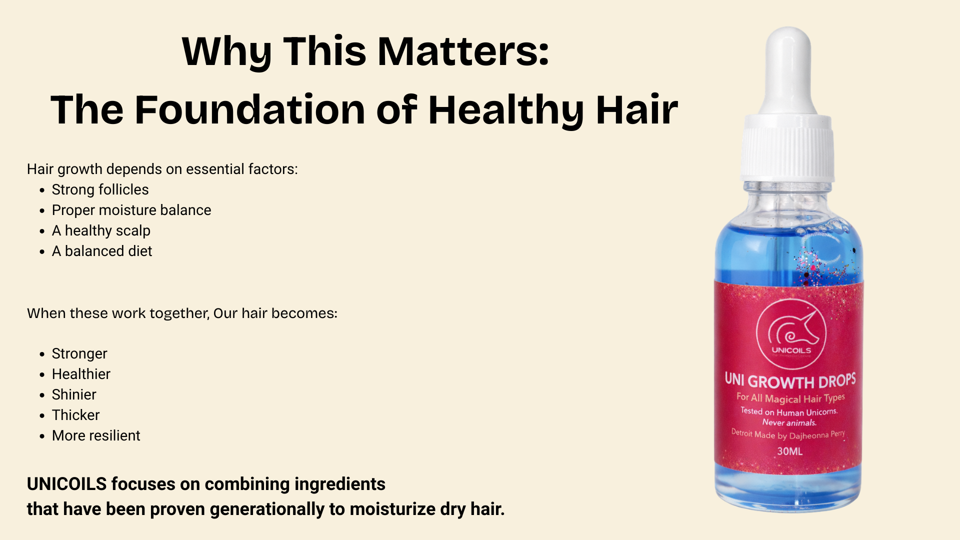 Hair growth product with text explaining factors for healthy hair on a beige background