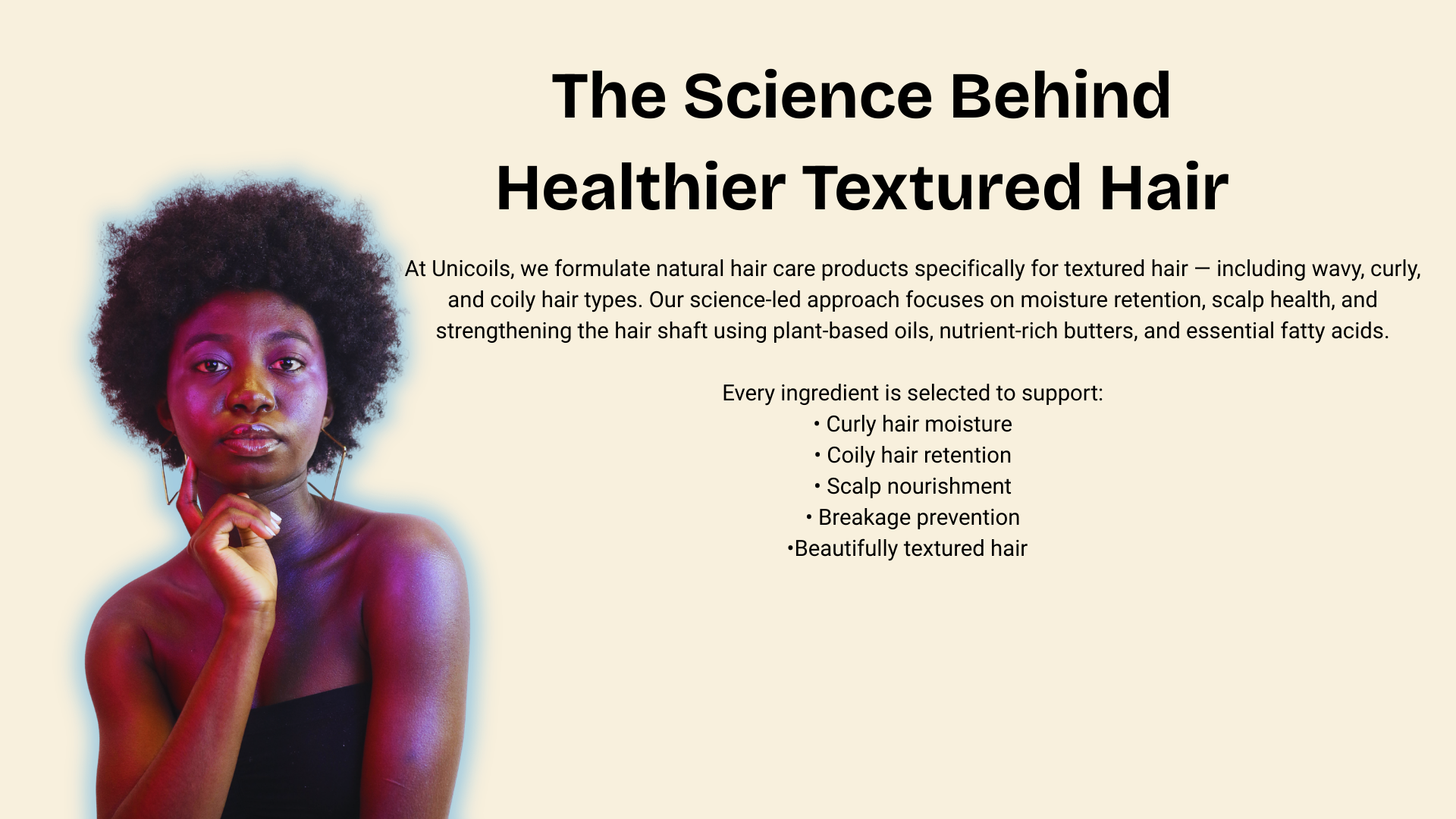 Unicurls advertisement with a woman with textured hair and text about their product line.