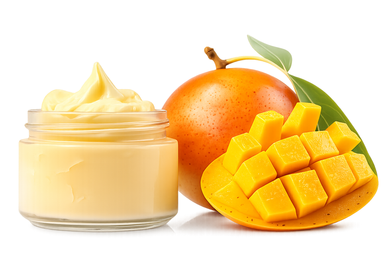Jar of yellow cream next to a whole mango and a sliced mango on a white background