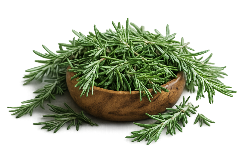 Wooden bowl filled with fresh rosemary leaves on a white background