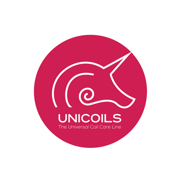 Unicoils logo with a pink circle and white unicorn head design on a white background