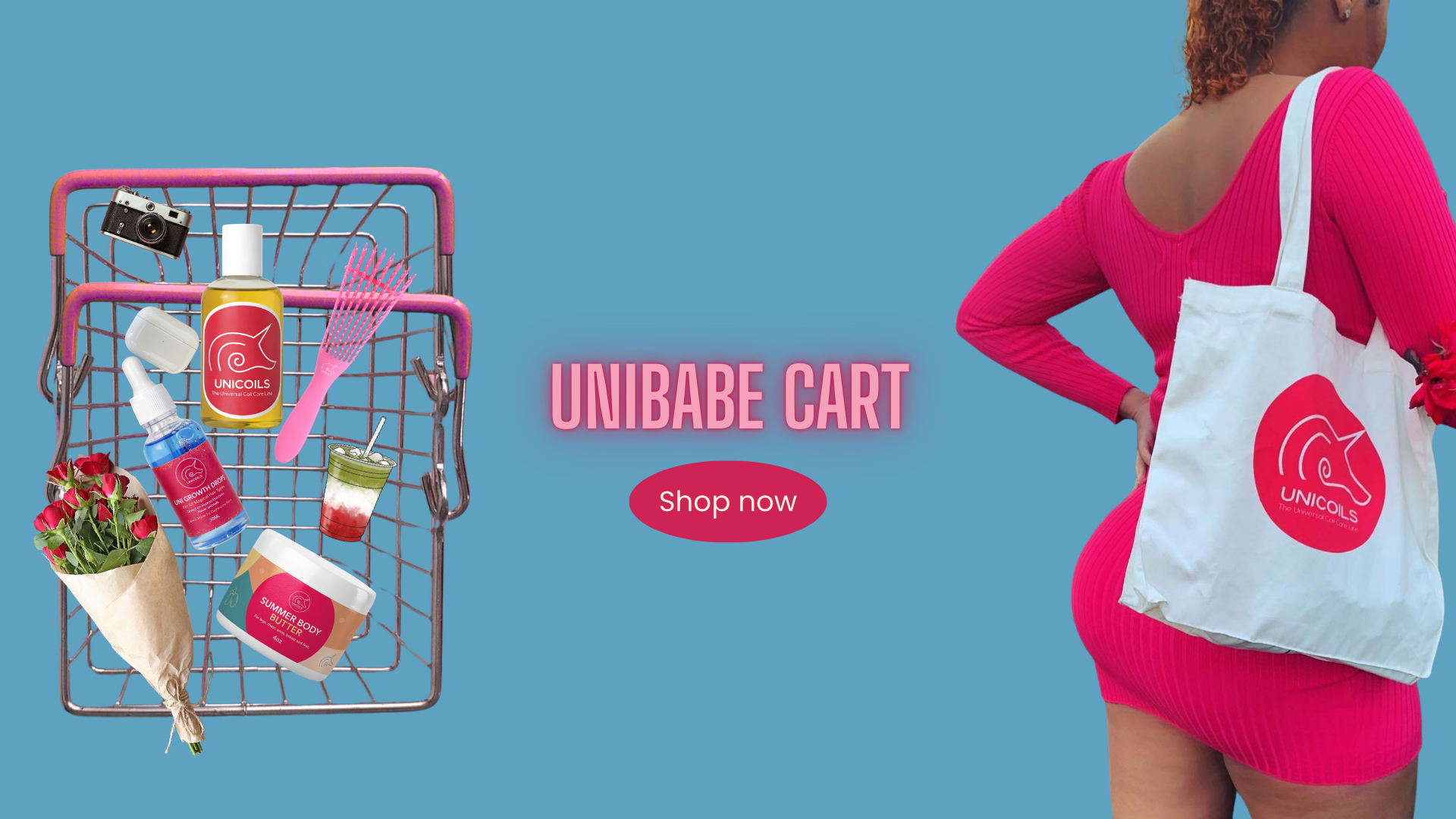 Woman holding a tote bag with Unicoils logo, shopping cart filled with products on a blue background